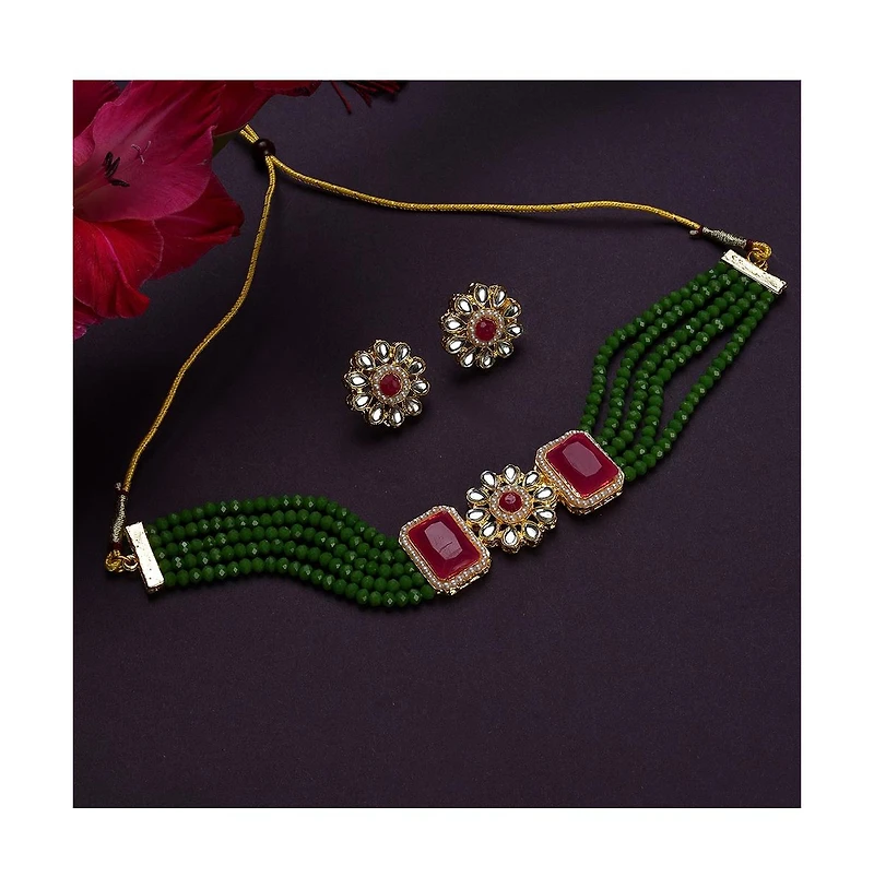 Sohi Women's Plated Kundan Beaded Jewellery Set