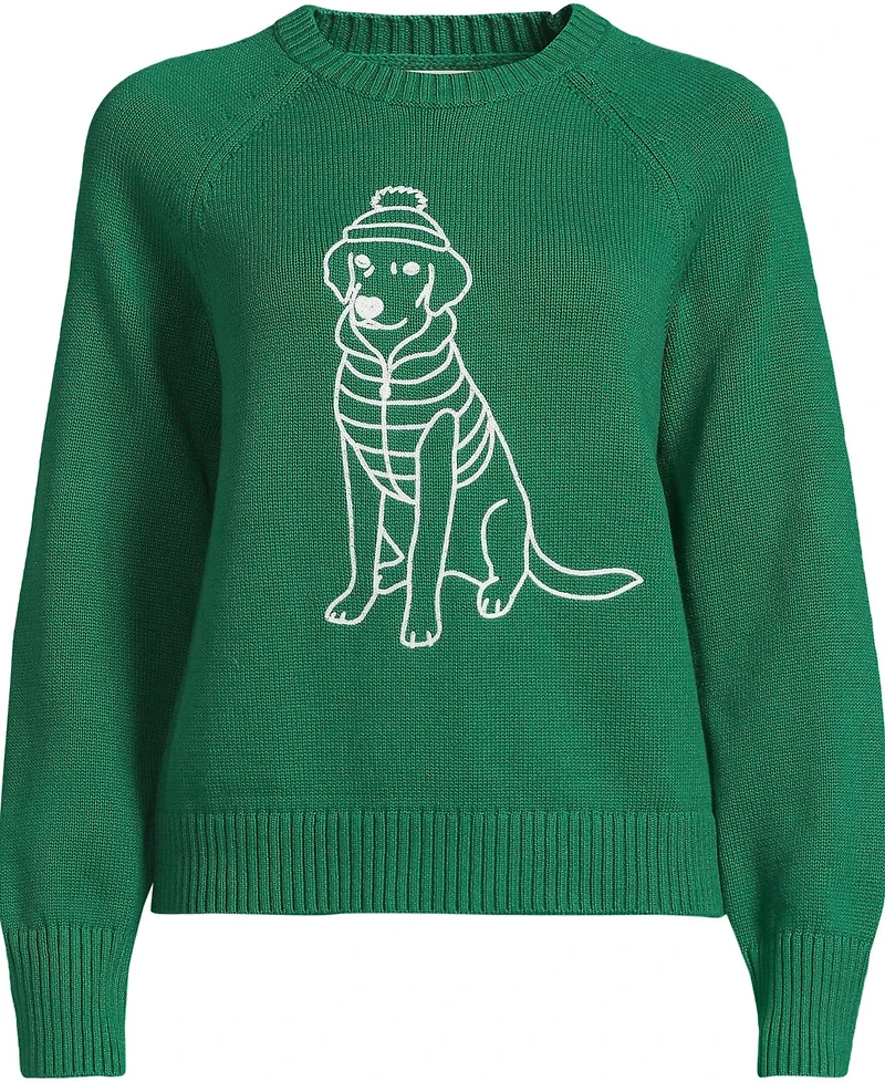 Lands' End Women's Drifter Embroidered Raglan Crew Neck Sweater