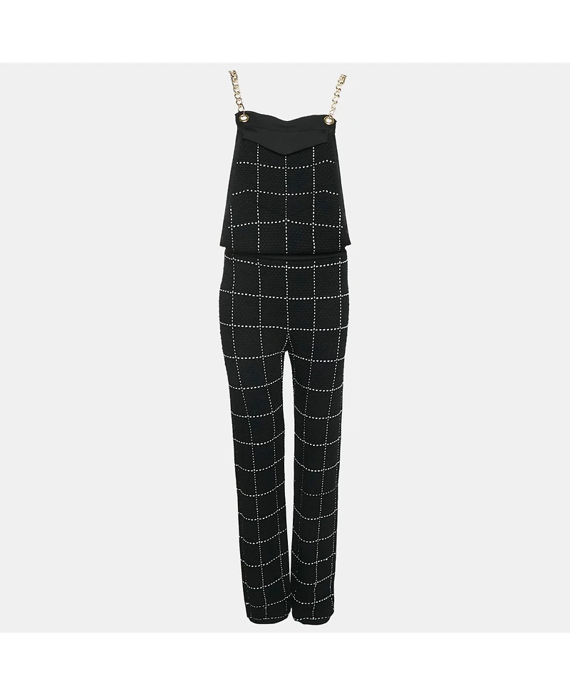 Pre-Owned Balmain Women's Black Patterned Knit Chain Strap Detail Jumpsuit