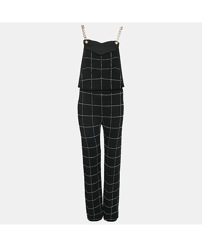 Pre-Owned Balmain Women's Black Patterned Knit Chain Strap Detail Jumpsuit