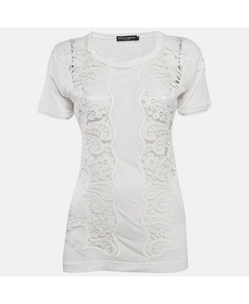 Pre-Owned Dolce & Gabbana Women's White Modal & Lace Trim Crew Neck Top
