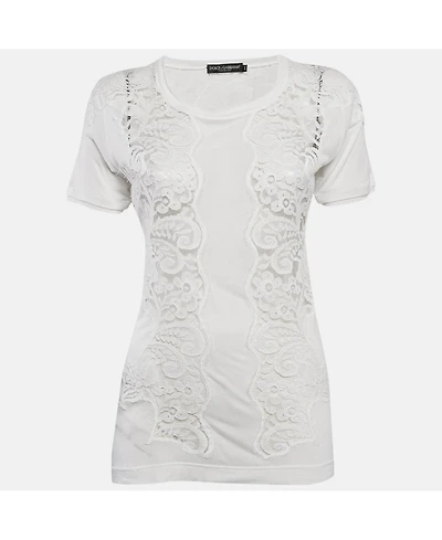 Pre-Owned Dolce & Gabbana Women's White Modal & Lace Trim Crew Neck Top