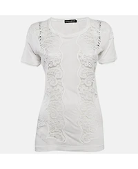 Pre-Owned Dolce & Gabbana Women's White Modal & Lace Trim Crew Neck Top