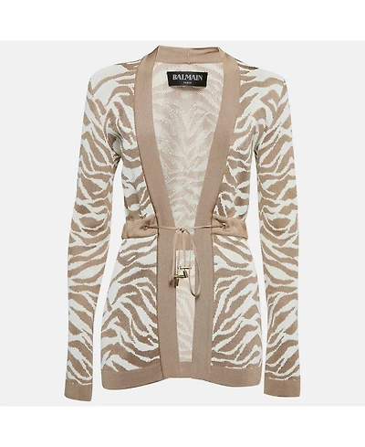 Pre-Owned Balmain Women's Beige/white Patterned Knit Drawstring Cardigan