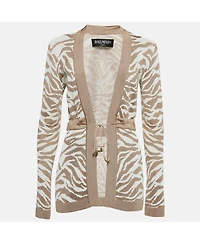 Pre-Owned Balmain Women's Beige/white Patterned Knit Drawstring Cardigan
