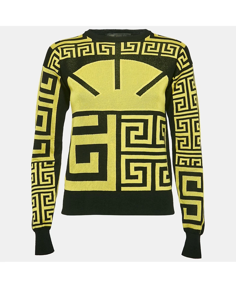 Pre-Owned Versace Women's Black/yellow Greca Pattern Jersey Crewneck Sweatshirt