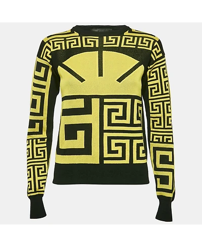 Pre-Owned Versace Women's Black/yellow Greca Pattern Jersey Crewneck Sweatshirt