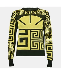 Pre-Owned Versace Women's Black/yellow Greca Pattern Jersey Crewneck Sweatshirt