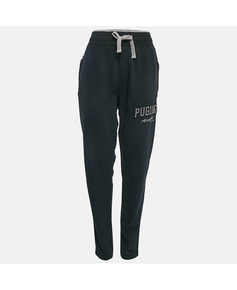 Pre-Owned Dolce & Gabbana Women's Blue Embroidered Cotton Knit Drawstring Track Pants