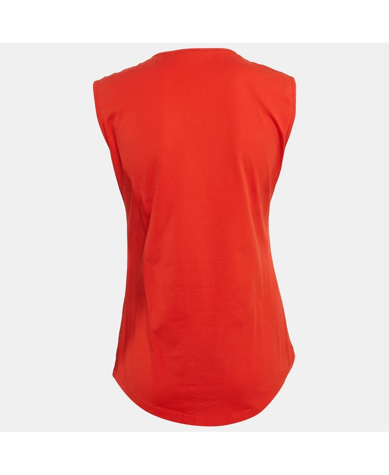 Pre-Owned Balmain Women's Orange Logo Print Jersey Button Detail Sleeveless T-Shirt