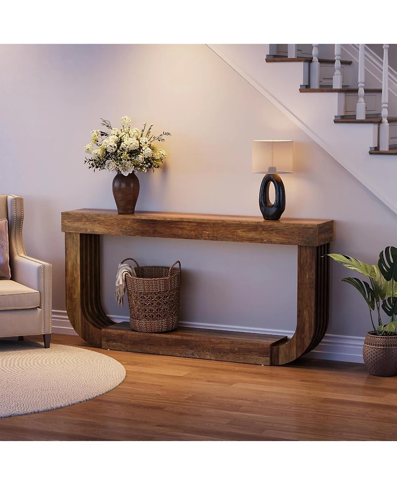 Tribesigns 70.9-Inch Extra Long Narrow Console Table, 2-Tier Brown Wooden Sofa Table with U-Shaped Pedestal