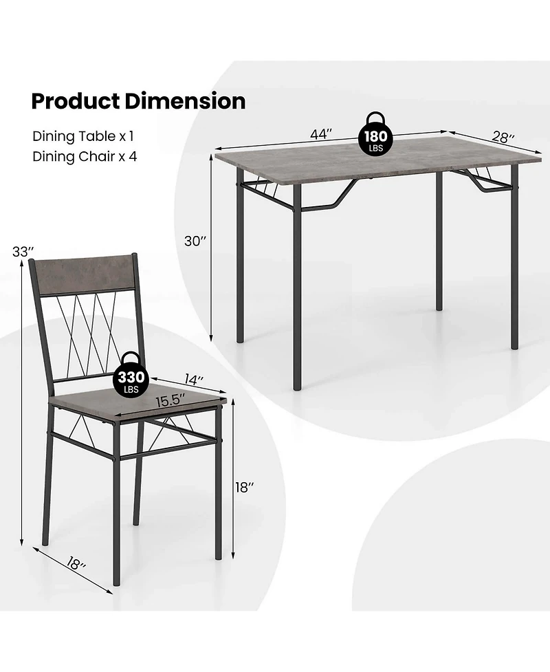 Costway 5PCS Dining Table Set for 4 Rectangular Kitchen & Chairs with Metal Frame Cement