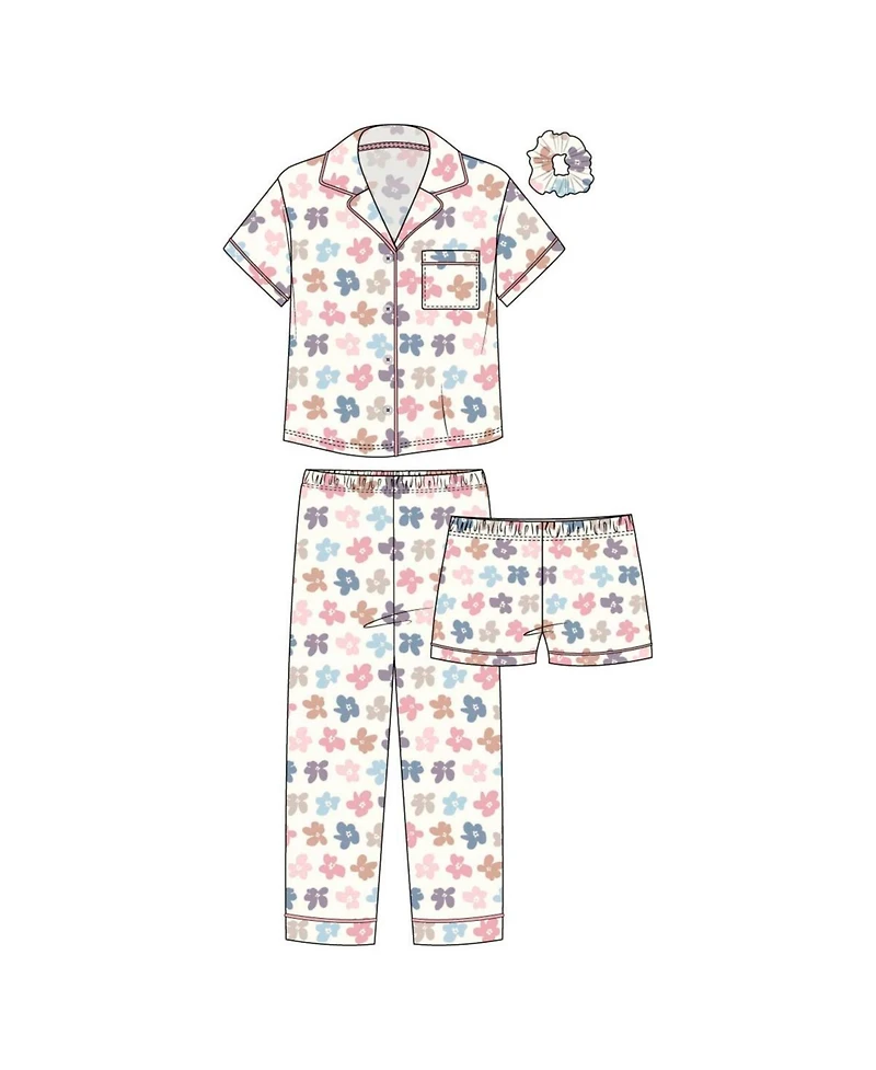 Tahari Girls 3-Piece Pajama Set with Short Sleeve Notch Collar Top, Elastic Waistband Pants, and Shorts Scrunchie