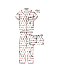 Tahari Girls 3-Piece Pajama Set with Short Sleeve Notch Collar Top, Elastic Waistband Pants, and Shorts Scrunchie