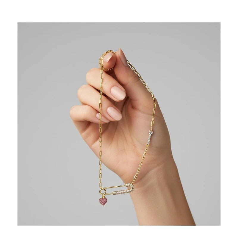 GiGiGirl 14k Gold Plated with Red & Cubic Zirconia Heart Charm Dangle Paperclip Adjustable Length Necklace