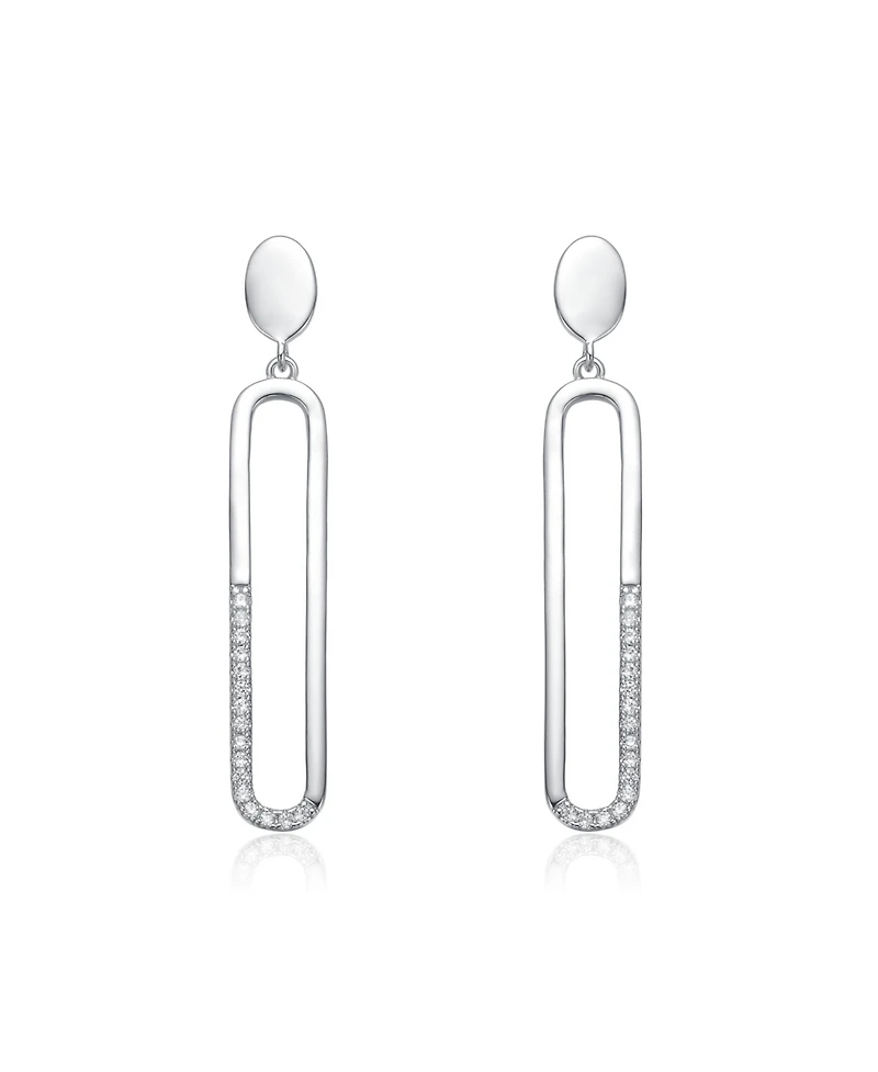 Sterling Silver with Clear Cubic Zirconia Pave Accents Oval Drop Earrings in White Gold Plated or 14K Gold Plated