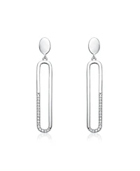 Sterling Silver with Clear Cubic Zirconia Pave Accents Oval Drop Earrings in White Gold Plated or 14K Gold Plated