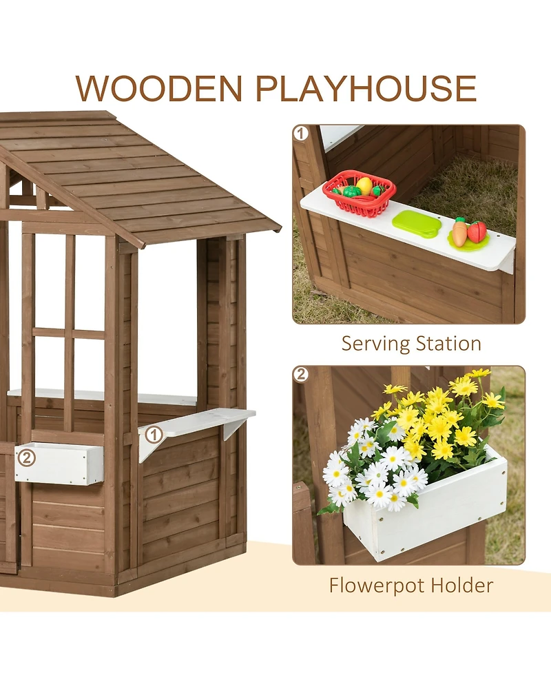 Flynama Outsunny wooden playhouse with door & windows, flowerpot holders, 46"x38", outdoor cottage for kids ages 3–8.