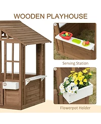 Flynama Outsunny wooden playhouse with door & windows, flowerpot holders, 46"x38", outdoor cottage for kids ages 3–8.