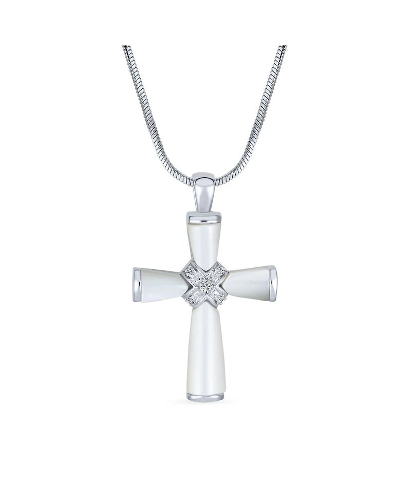 Bling Jewelry Religious Mother Of Pearl Mop Cross Pendant Necklace Rhodium Plated Brass Snake Chain Included