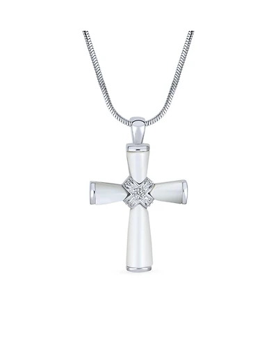 Bling Jewelry Religious Mother Of Pearl Mop Cross Pendant Necklace Rhodium Plated Brass Snake Chain Included