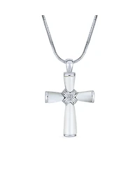 Bling Jewelry Religious Mother Of Pearl Mop Cross Pendant Necklace Rhodium Plated Brass Snake Chain Included