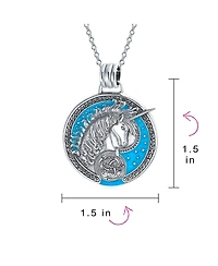 Bling Jewelry Large Round Pegasus Celestial Unicorn Medallion Pendant Necklace & Dangle Earring Jewelry Set Oxidized Sterling Silver