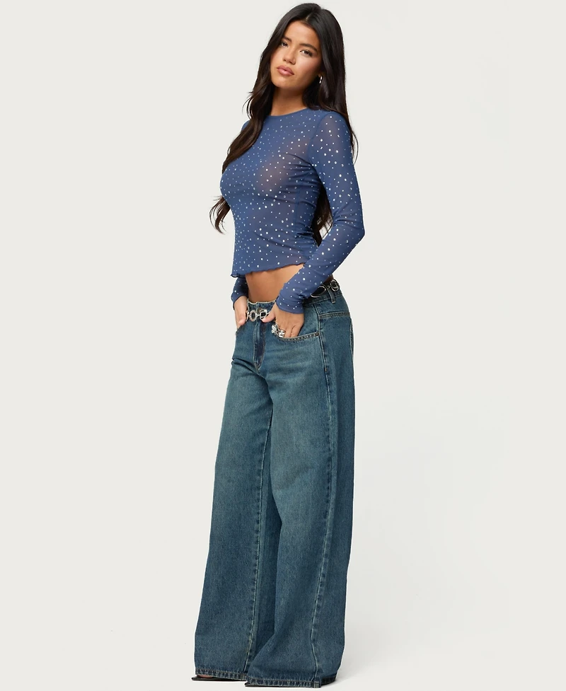 Edikted Women's Anari Rhinestone Mesh Top