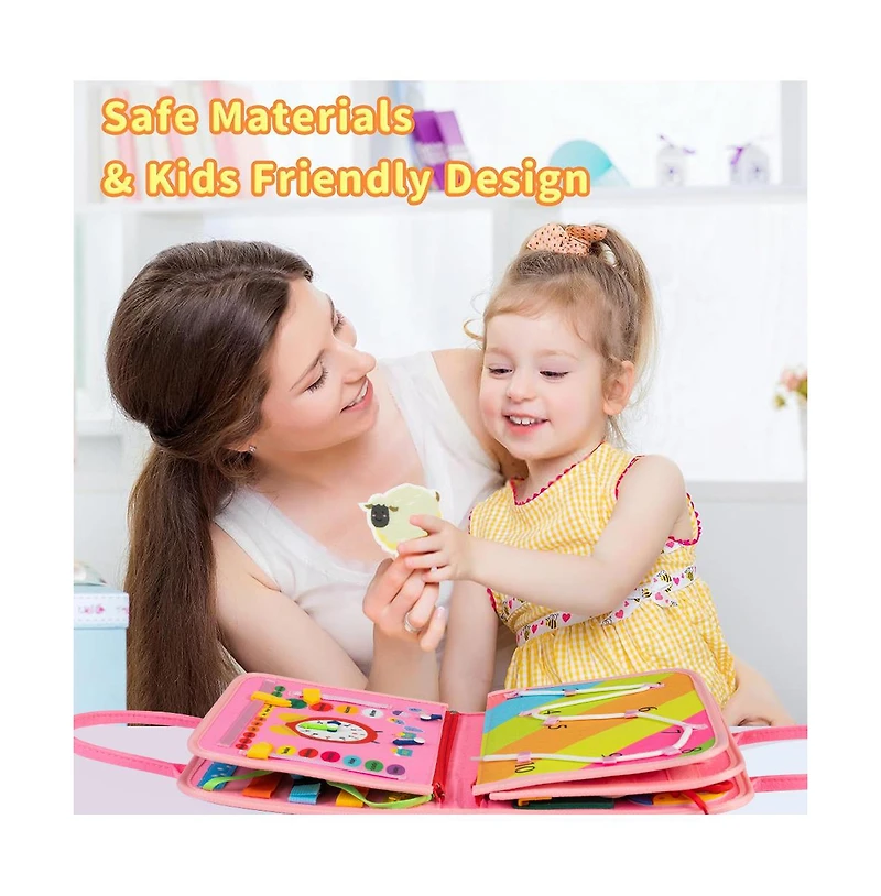 Busy Board 8 in 1 Busy Book Montessori Toys for Toddler Sensory Toys Developing Sensory Board Travel Toys Pink