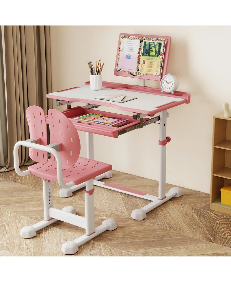 Gymax Kid's Study Desk and Chair Set w/Tilt Desktop Book Stand Footrest Bar for Toddlers