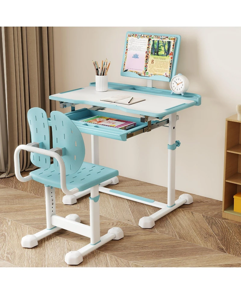 Gymax Kid's Study Desk & Chair Set w/Tilt Desktop Book Stand Footrest Bar for Toddlers