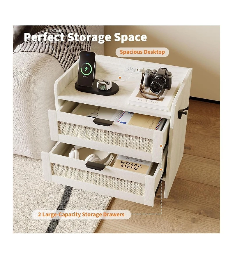 gaomon Rattan Nightstand, Bedside Table with Type-c Charging Station - 2 Storage Drawer Space, Boho End Table Side Table, 1pcs