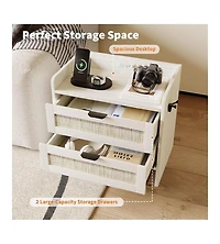 gaomon Rattan Nightstand, Bedside Table with Type-c Charging Station - 2 Storage Drawer Space, Boho End Table Side Table, 1pcs