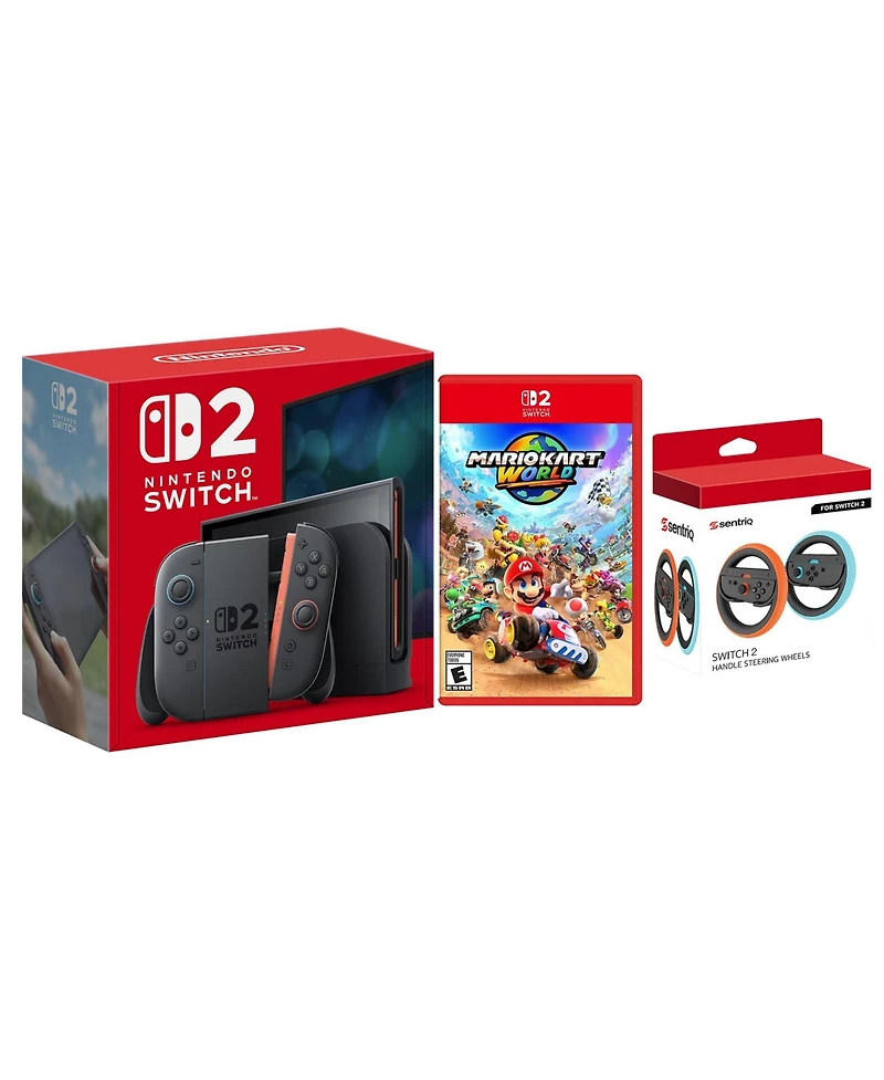 Nintendo Switch 2 Console with Mario Kart World and Sentriq Joy Cons Steering Wheel Set Bundle