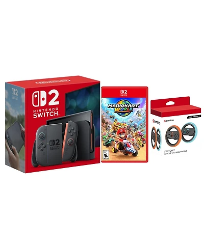 Nintendo Switch 2 Console with Mario Kart World and Sentriq Joy Cons Steering Wheel Set Bundle