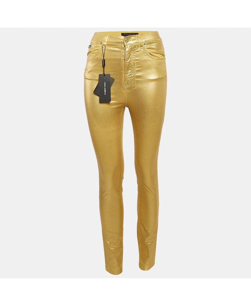 Pre-Owned Dolce & Gabbana Women's Metallic Gold Coated Cotton Grace Skinny Pants