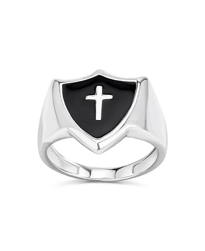 Bling Jewelry Religious Christian Shield Cross Signet Ring Natural Black Onyx Inlay Sterling Silver