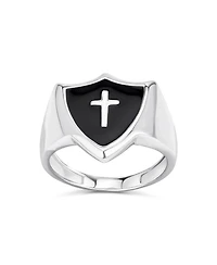 Bling Jewelry Religious Christian Shield Cross Signet Ring Natural Black Onyx Inlay Sterling Silver