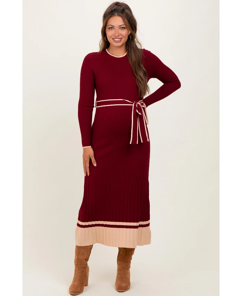 Pinkblush Maternity Burgundy Elegant Ribbed Midi Sweater Dress With Belt