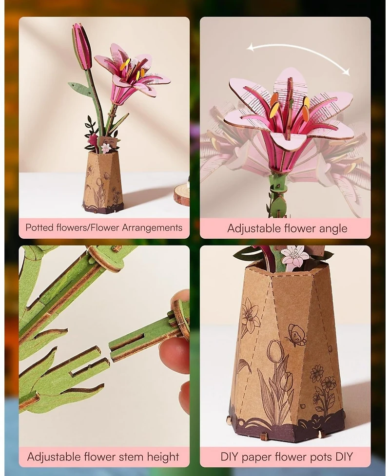 Robotime 3D Puzzles Pink Lily Diy Model Building Kits Artifical Flower Toys for Thanksgiving Mother's Day, Multicolored, 9.65"6.5"1.65"