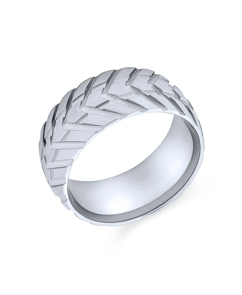 Bling Jewelry Rugged Tire Tread Band Ring Matte Brushed Silver Tone Stainless Steel 8MM