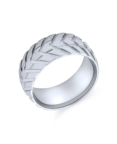 Bling Jewelry Rugged Tire Tread Band Ring Matte Brushed Silver Tone Stainless Steel 8MM