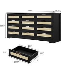 12-Drawer Rattan Bedroom Dresser, Modern Wood Storage Chest with Woven Panel Fronts for Nursery, Entryway, or Living Room, Natural