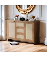 Gaomon 47.2" Rattan Buffet Sideboard – Boho Credenza with Drawers & Doors, Wooden Coffee Bar Storage for Entryway or Living Room (Natural