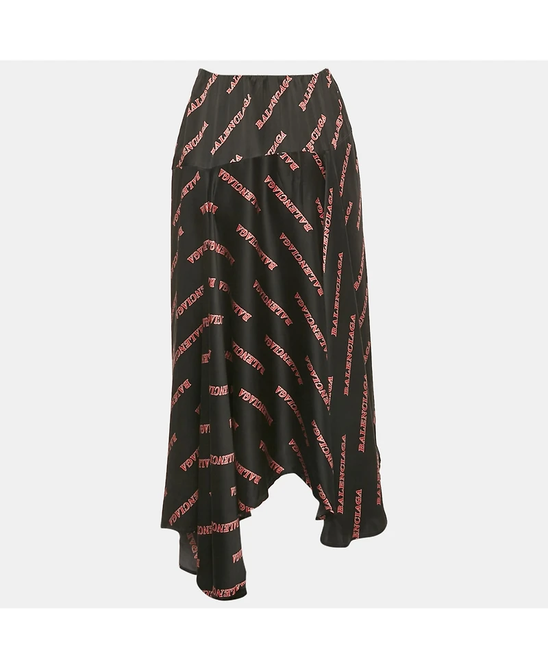 Pre-Owned Balenciaga Women's Black Logo Print Satin Silk Asymmetric Midi Skirt