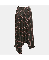 Pre-Owned Balenciaga Women's Black Logo Print Satin Silk Asymmetric Midi Skirt
