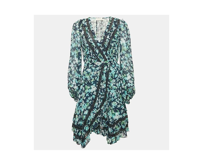 Pre-Owned Zimmermann Women's Blue Floral Print Crepe Ruffled Wrap Mini Dress