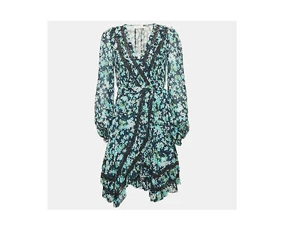 Pre-Owned Zimmermann Women's Blue Floral Print Crepe Ruffled Wrap Mini Dress