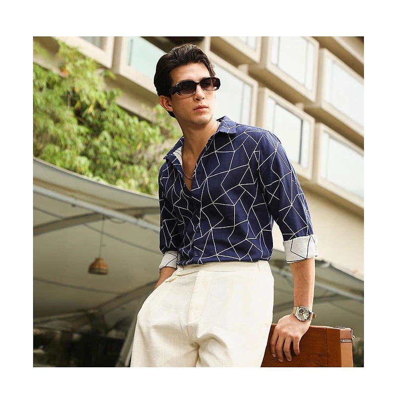 Campus Sutra Men's Indigo Blue Mosaic-Jacquard Shirt