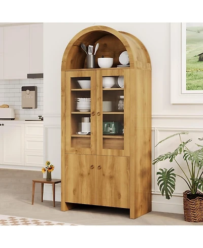 Gaomon 71" Tall Arched Kitchen Pantry Cabinet, Modern Farmhouse Kitchen Storage Cabinets with Open & Adjustable Shelves, Hidden Drawer & Glass Do